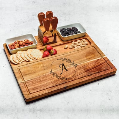 Picnic at Ascot Personalized Large Acacia Charcuterie Board Set with Bowls & Cheese Tools