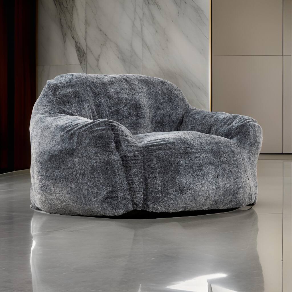 45 Inch Bean Bag Chair, Memory Foam, Faux Rabbit Fur, Grayish Blue