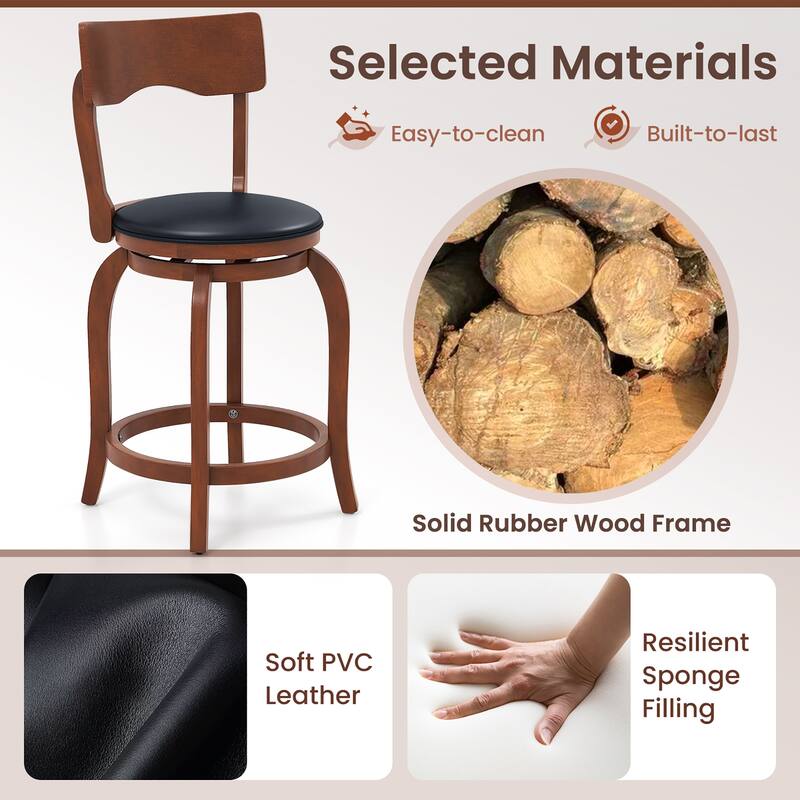 Gymax 24'' Swivel Bar Stools Set of 4 w/ Rubber Wood Frame Upholstered