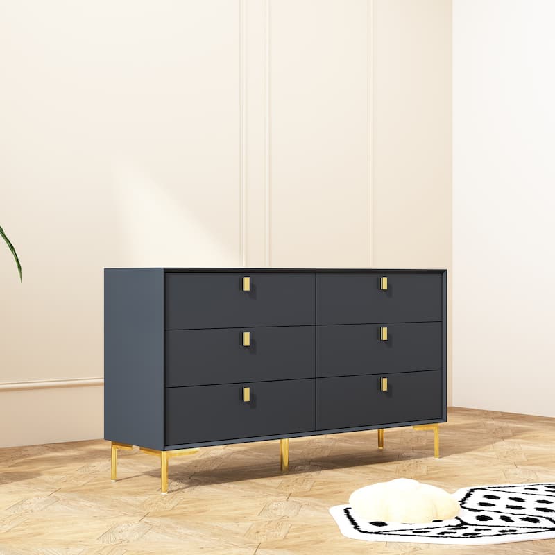 Dresser 6 Drawer Wood Dresser for Bedroom with Storage Modern Gold