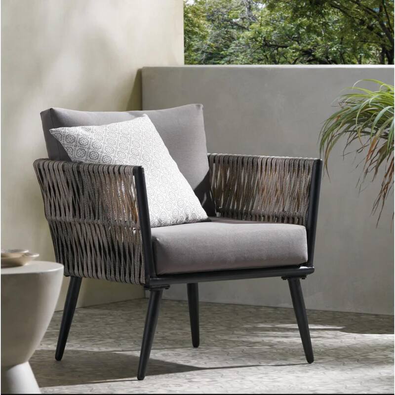 Roomfitters Oceanus Aluminum Chat Chair with Faux Rattan Rope Accents and Cushions, Gray
