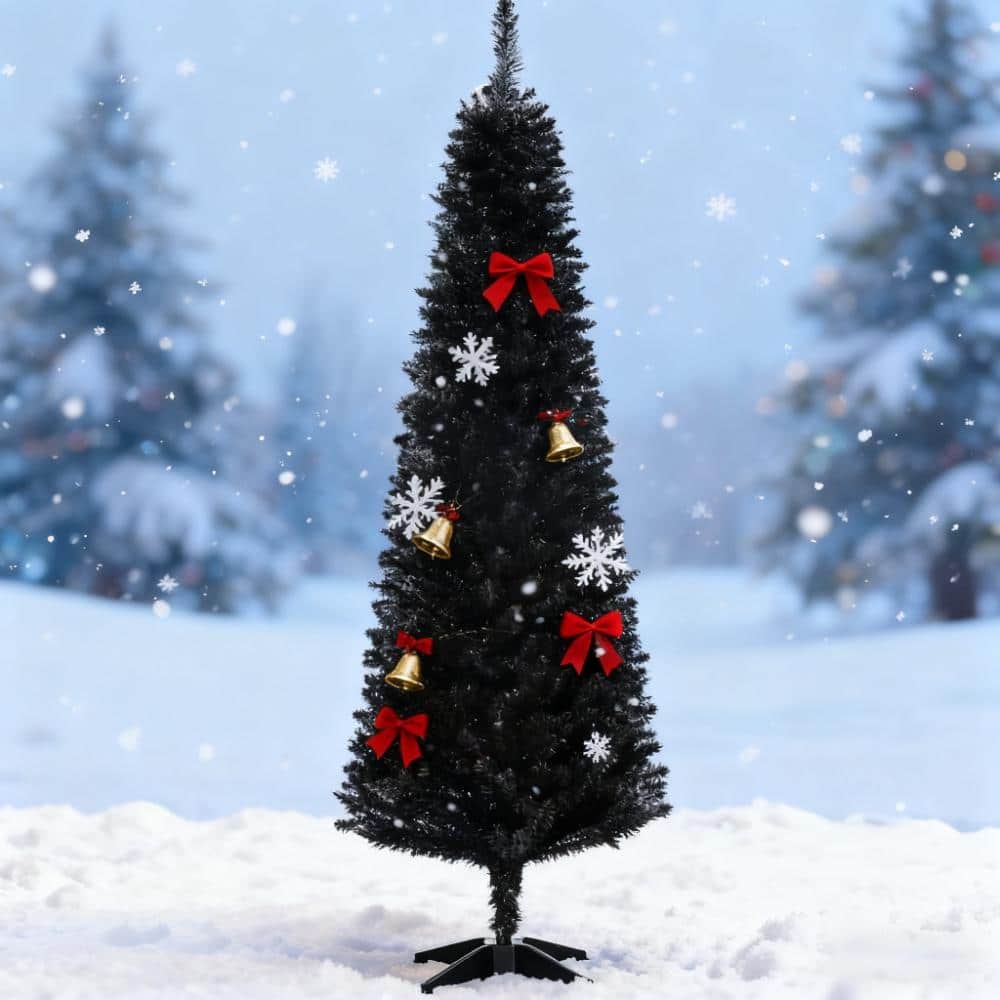 Slim Artificial Christmas Tree - Realistic Branch Tips, Plastic Stand - Black