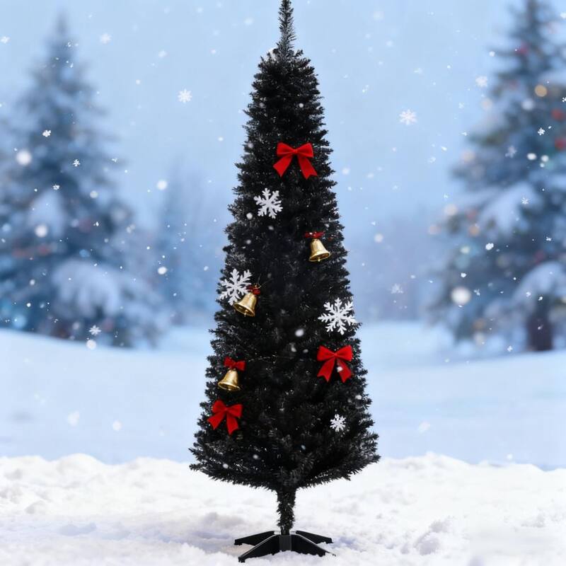 Slim Artificial Christmas Tree - Realistic Branch Tips, Plastic Stand - Black