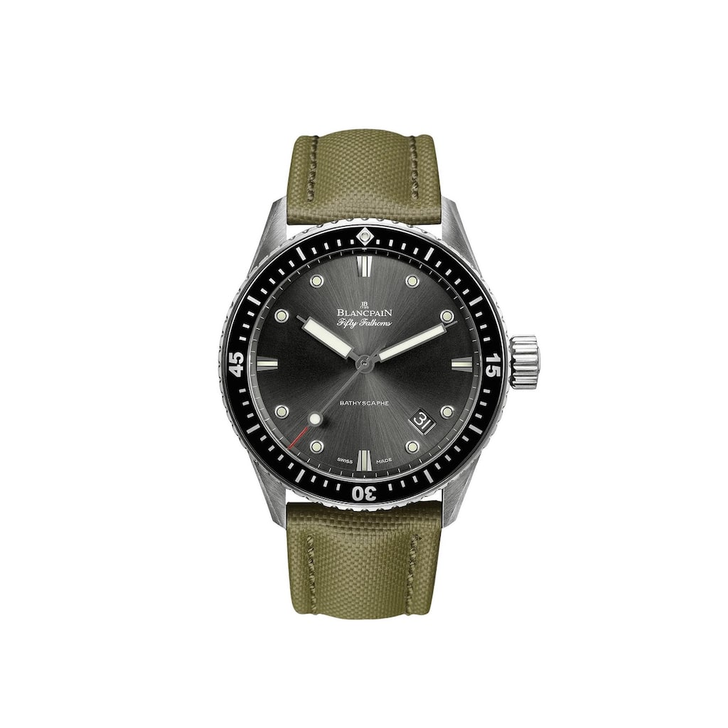 Blancpain Fifty Fathoms Bathyscaphe SS Men's Watch - Green Band, Grey Face