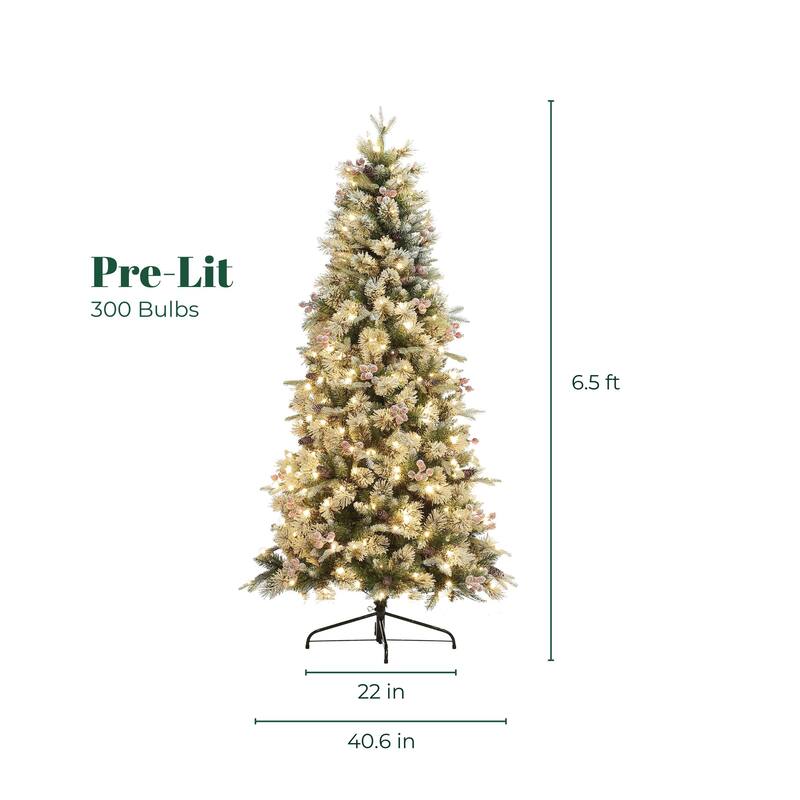 6.5Ft Pre-Lit Flocked Artificial Christmas Tree with Berries and Pinecones - 78" H x 40.6" Diameter