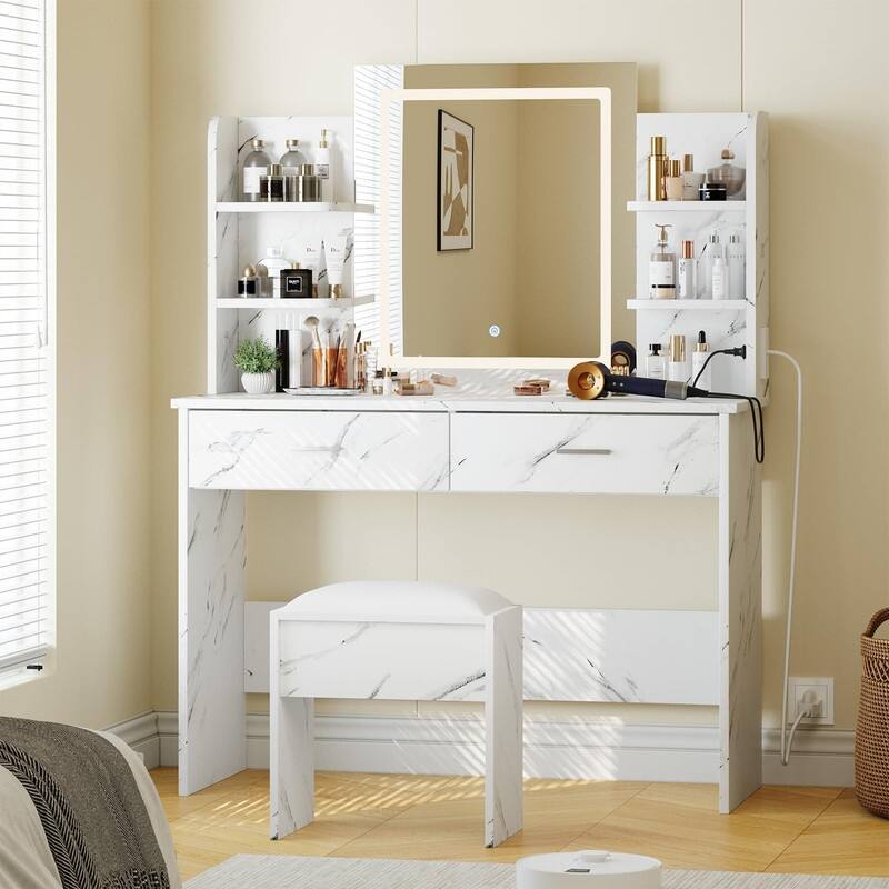 Makeup Vanity Set with Mirror, Stool， Charging Station， 2 Drawers, 6 Shelves - Marble White