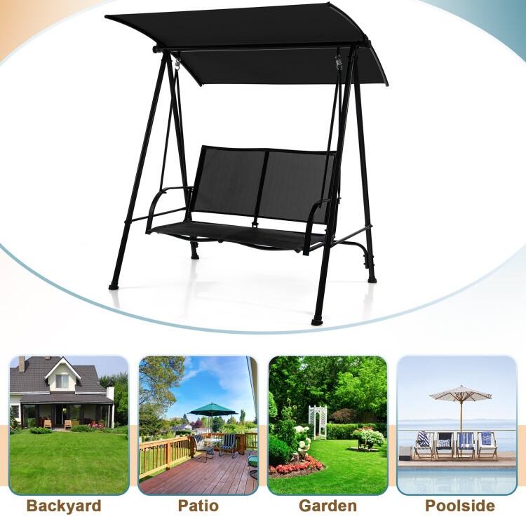 2-Seat Outdoor Canopy Swing with Comfortable Fabric Seat and Heavy-duty Metal Frame - 58" x 45" x 70"