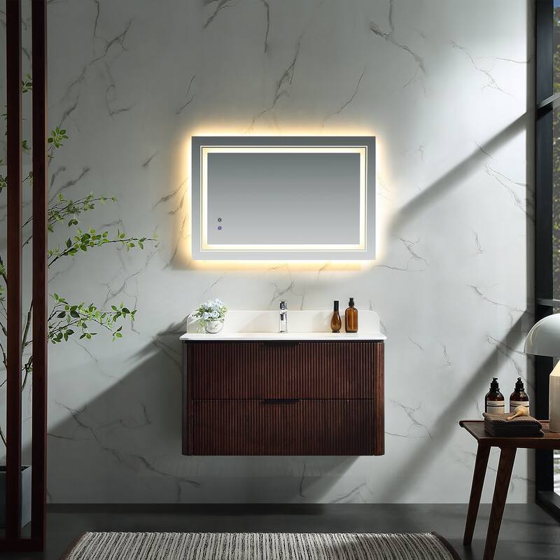 Modland Fluted Floating Vanity with Sink, Plywood Wall Mount Cabinet, Curved Edge, 24/30/36 Inch