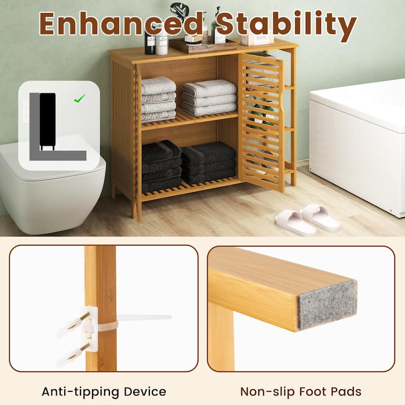 39.5" Natural Wicker Bathroom Storage Cabinet with Open Shelves and 2-Door for Kitchen or Living Room - 39.5" x 14" x 31.5"