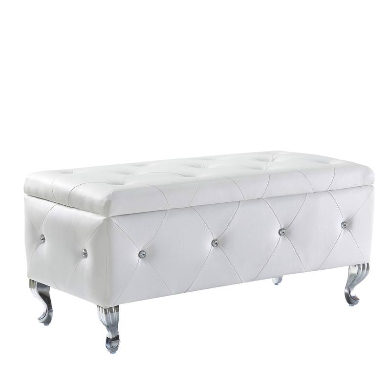 Storage Bench Leisure Stool with Safety Hinged Flap, End of Bed Decorative Bench with Crystal Buttons and Metal Legs - White PU