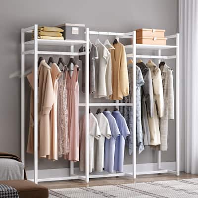 Free Standing Closet Organizer with Hanging Rods, Garment Rack Heavy Duty Clothes Rack with Storage Shelves, Max Load 500LBS