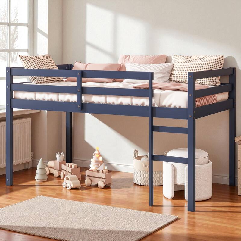 Solid Wood Twin Loft Bed with Ladder, Rubber Wood Frame Low Height Design with Guard Rails and Storage Space - Blue - Twin