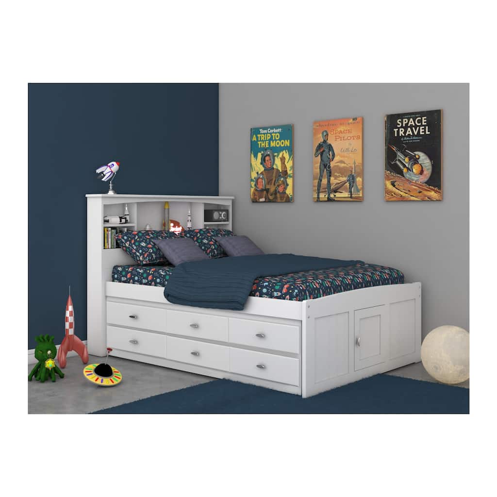 Full Size Bookcase Bed with Drawers - Solid Pine Bed Frame - Under Bed Storage - Casual White Finish