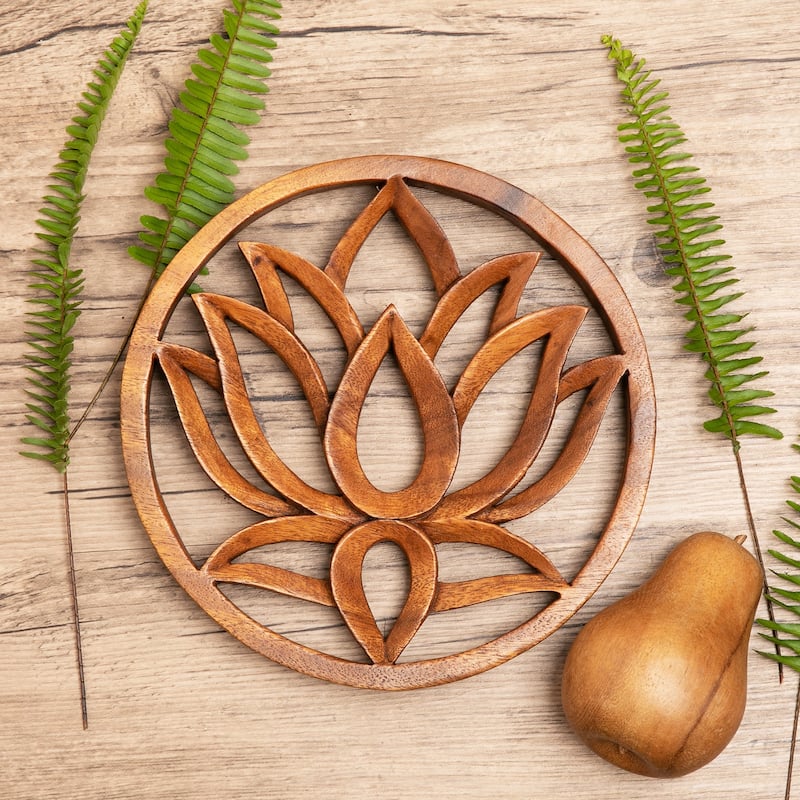 Novica Handmade One Lotus Wood Relief Panel