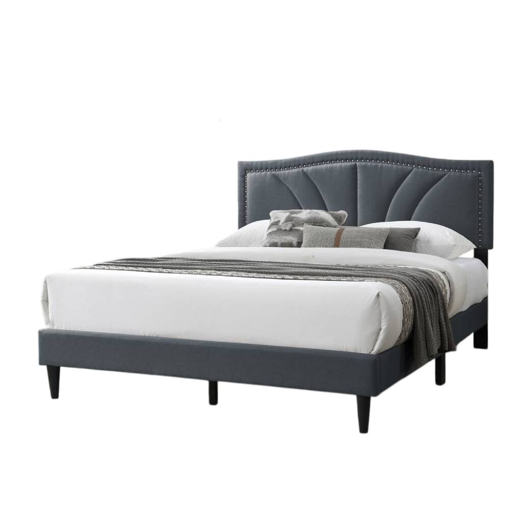 Reo Queen Size Bed, Charcoal Gray Burlap Upholstered Curved Headboard