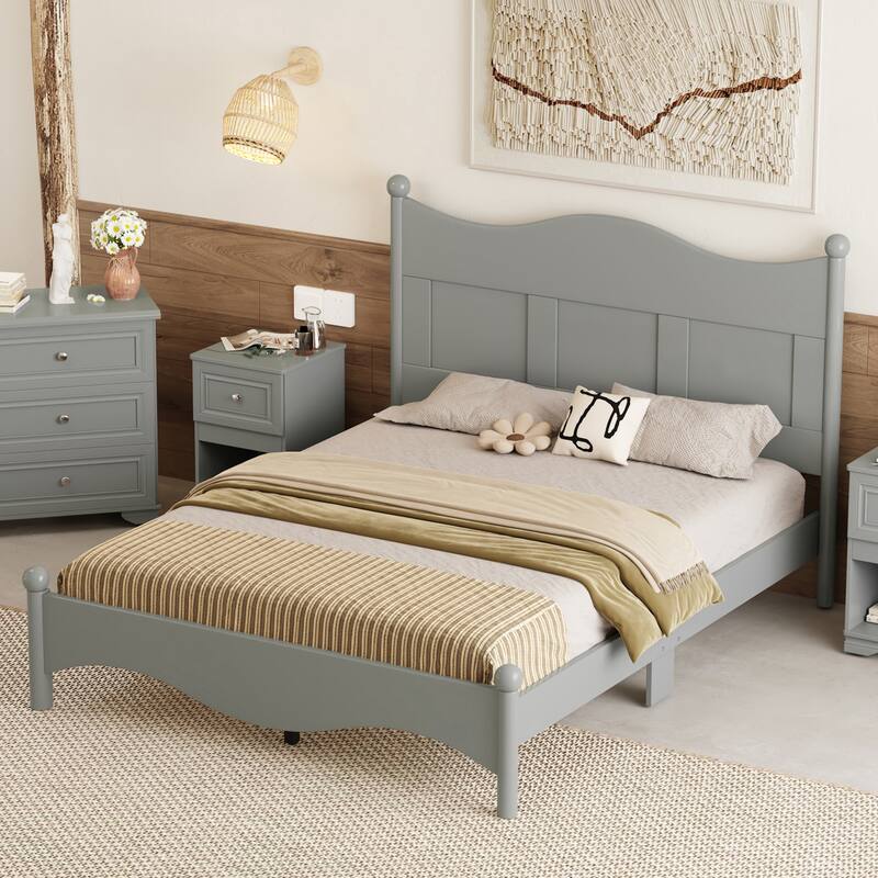 Elegant Design Wood Platform Bed Frame with Headboard, Queen Size Platform Bed with Wooden Slat Support, No Box Spring Needed