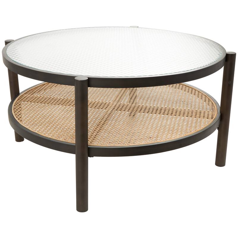 Brown Rattan Accent Table with Pressed Tempered Glass Top