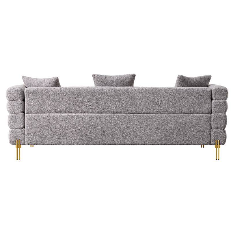 Gray Fabric Upholstered Sofa with Golden Legs and Pillows for 3 People