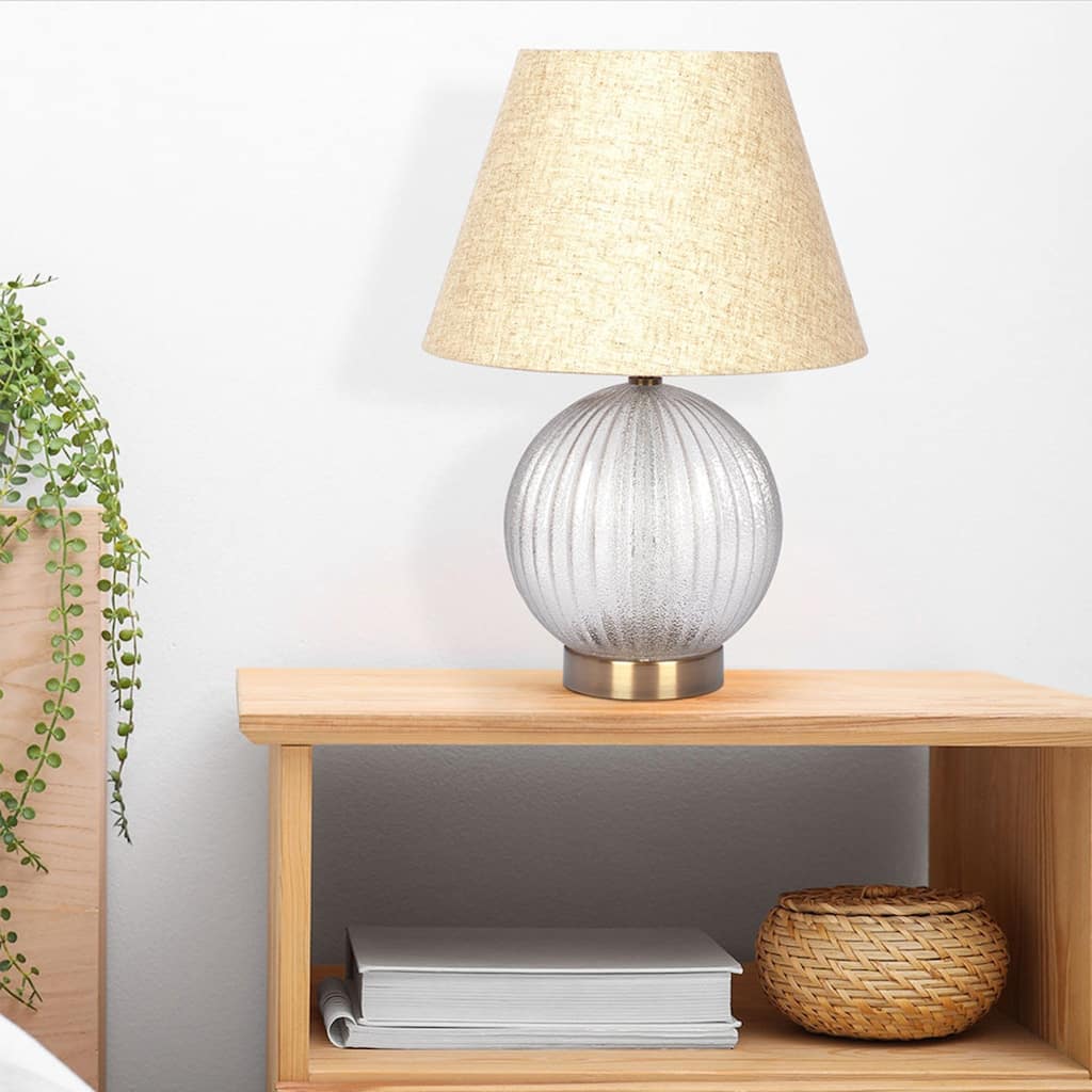 Round Ribbed Glass Lamp Base Clear Table Lamp Large Linen Shade
