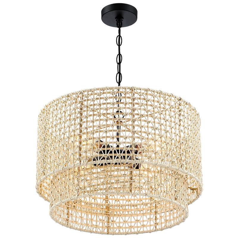 20 in. 4-Light Rattan Tiered Drum Chandelier Light with Black Canopy - 4-Light 20" W