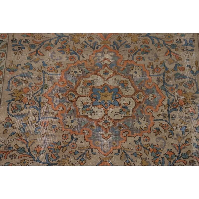 Distressed Tabriz Persian Antique Rug Handmade Floral Wool Carpet - 6'6"x 10'2"