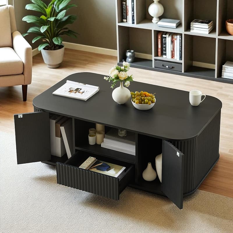46.5" Modern Oval Coffee Table with Drawers, Hidden Storage & Curved Panel Design, Luxury Center Table