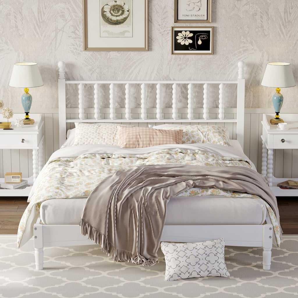 Queen Size Wood Bed Frame with Gourd Shaped Headboard, Retro Style Platform Bed with Wooden Slat