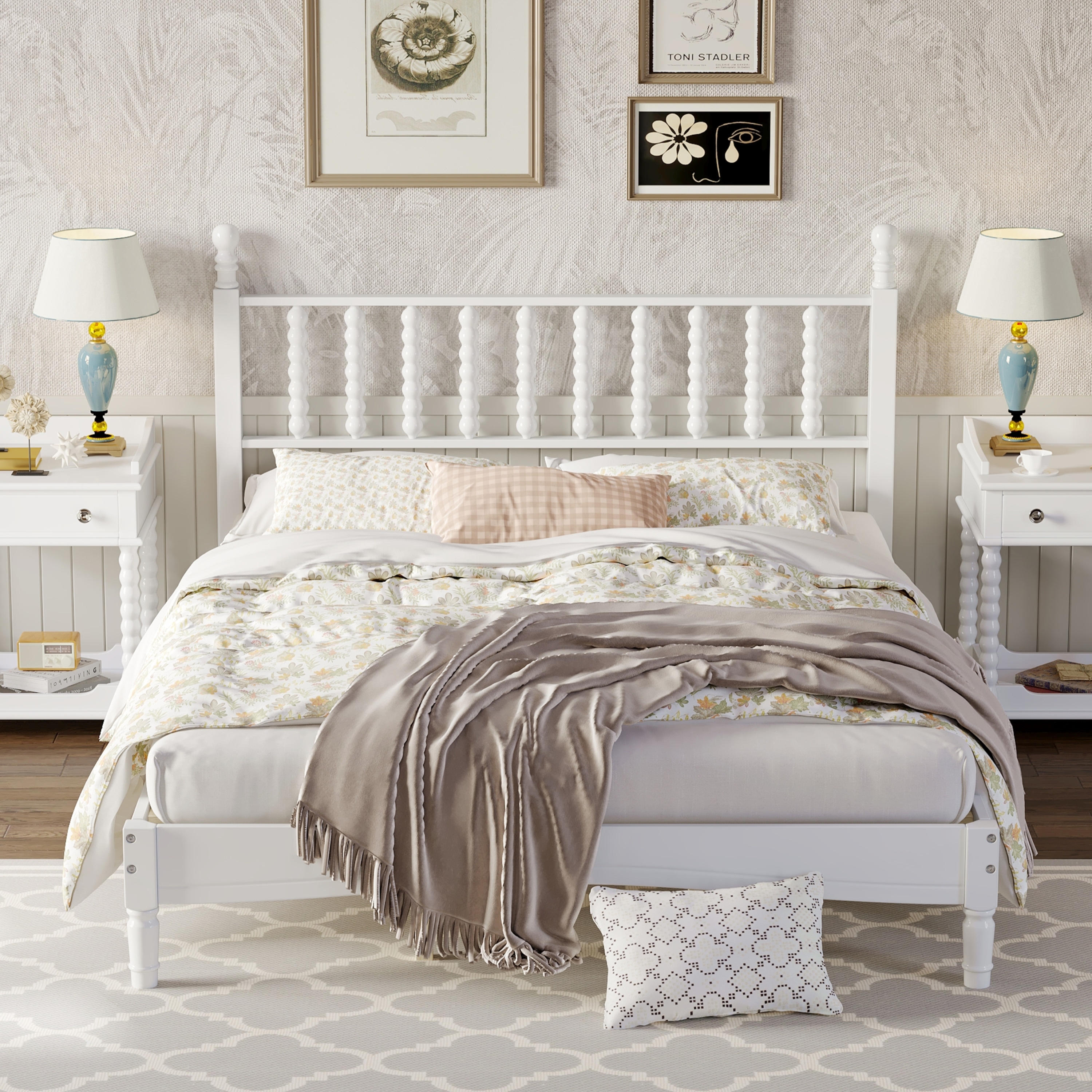 Queen Wood Bed with Gourd Headboard - Vintage Style