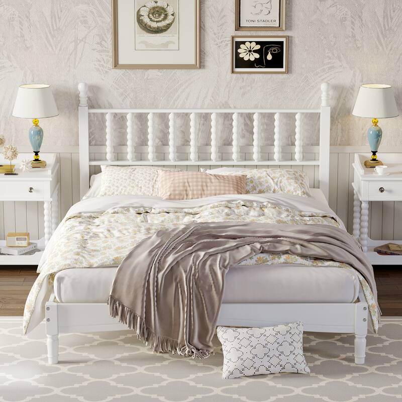 Wooden Platform Bed Frame with Gourd Shaped Headboard, Solid Wood Bed for Bedroom, No Box Spring Needed, Easy Assembly