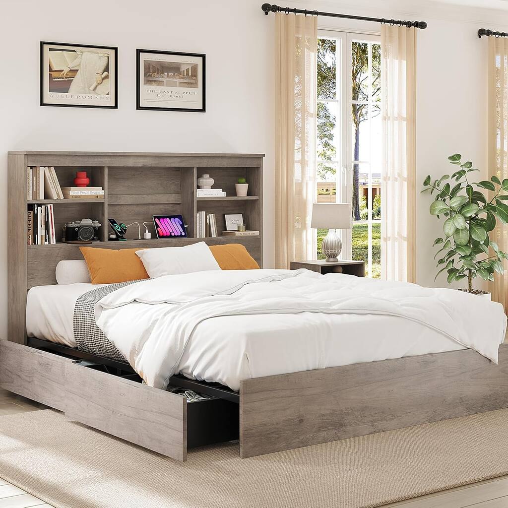 Bed Frame with Storage Bookcase Headboard and 4 Storage Drawers, Built in Charging Station
