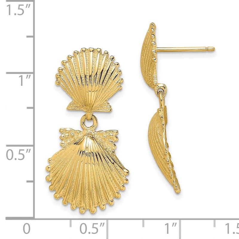 Curata 14k Yellow Gold Double Scallop Shell Long Drop Dangle Earrings 29.2x14.66mm