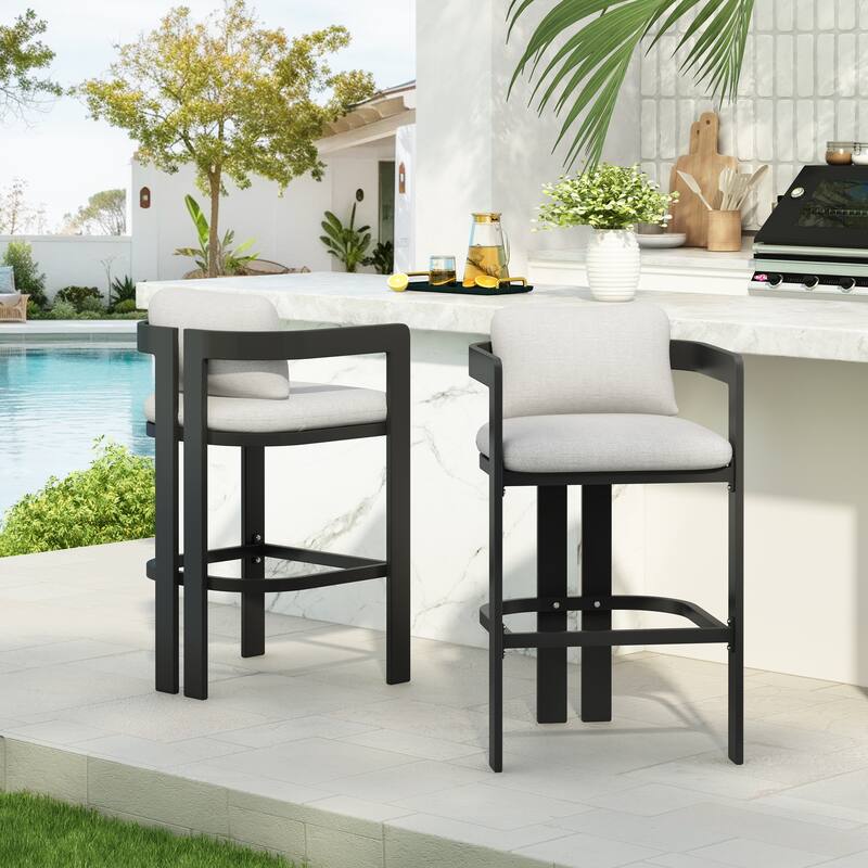 Christopher Knight Home - Pula Outdoor Modern Aluminum Counter Stools - Bar Chairs with Fade-Resistant Cushions - Grey+Black - Set of 2