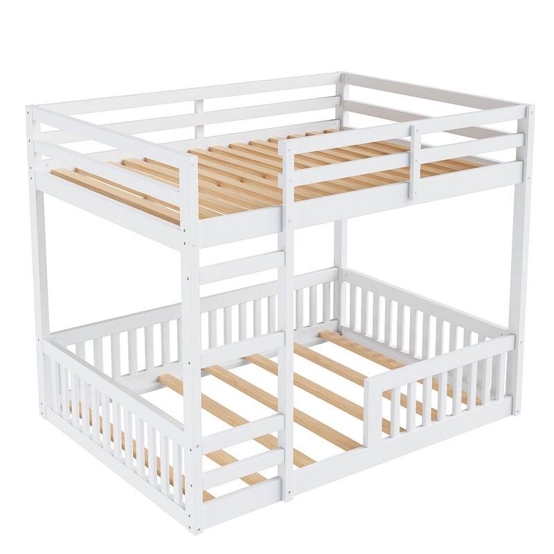 Full over Full Size Bunk Bed with Ladder and Guardrails, Wooden Floor Bunk Bedframe with Slats Support for Kids