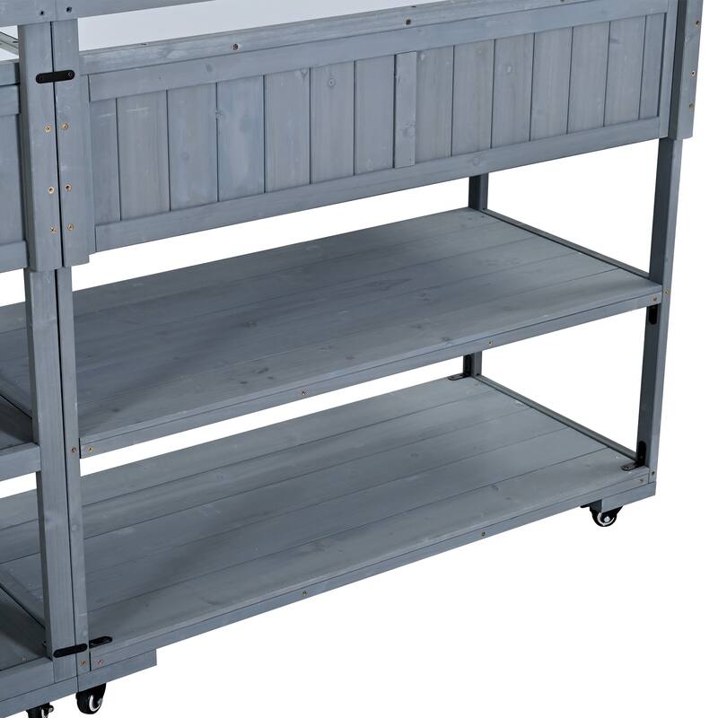 Solid Wood 62.3'' Patio Kitchen Island Kitchen Cart with Stainless Table Top, Garden Potting Bench with Raised Shelf and Drawers
