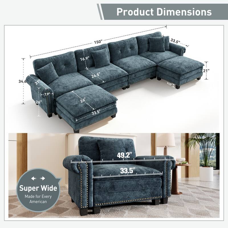 MAISON ARTS Mid-Century Modern Oversized L/U Shaped Cloud Couch with Ottoman, Deep Seat Sectional Sofa with Throw Pillows