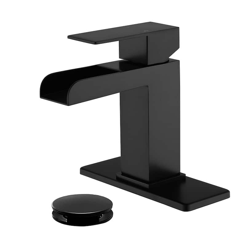 Waterfall Single Handle Bathroom Sink Faucet with Pop-up Drain 304 Stainless Steel 1 Hole Basin Vanity Taps - Matte Black