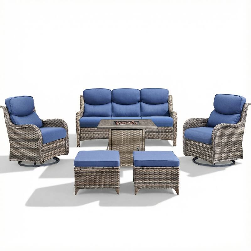 Pocassy Outdoor Propane Fire Pit Table with Sofa Swivel Chair Funiture Set.