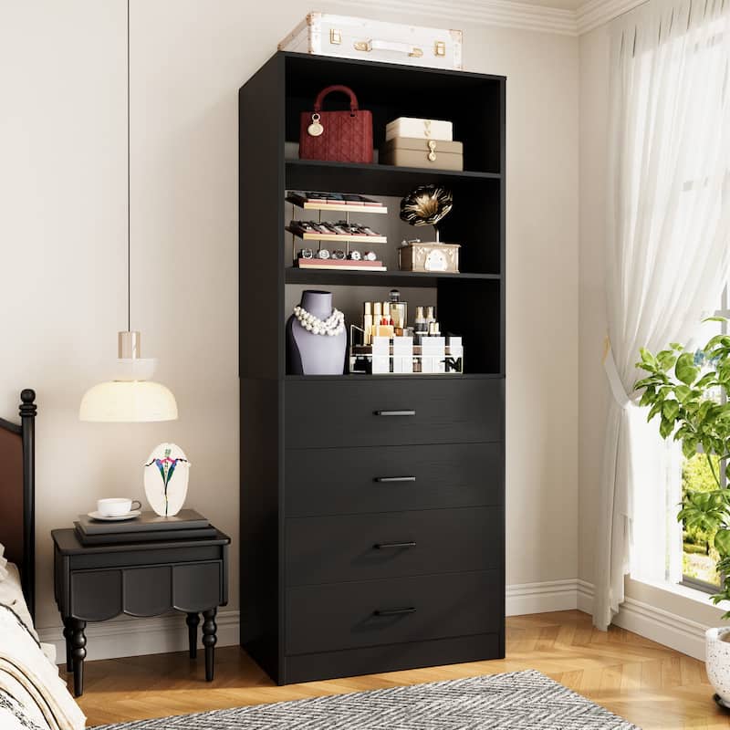 Freestanding Closet Organizer with 4 Drawers and 4 Shelves, Wooden Closet System for Walk-in Closet - Black