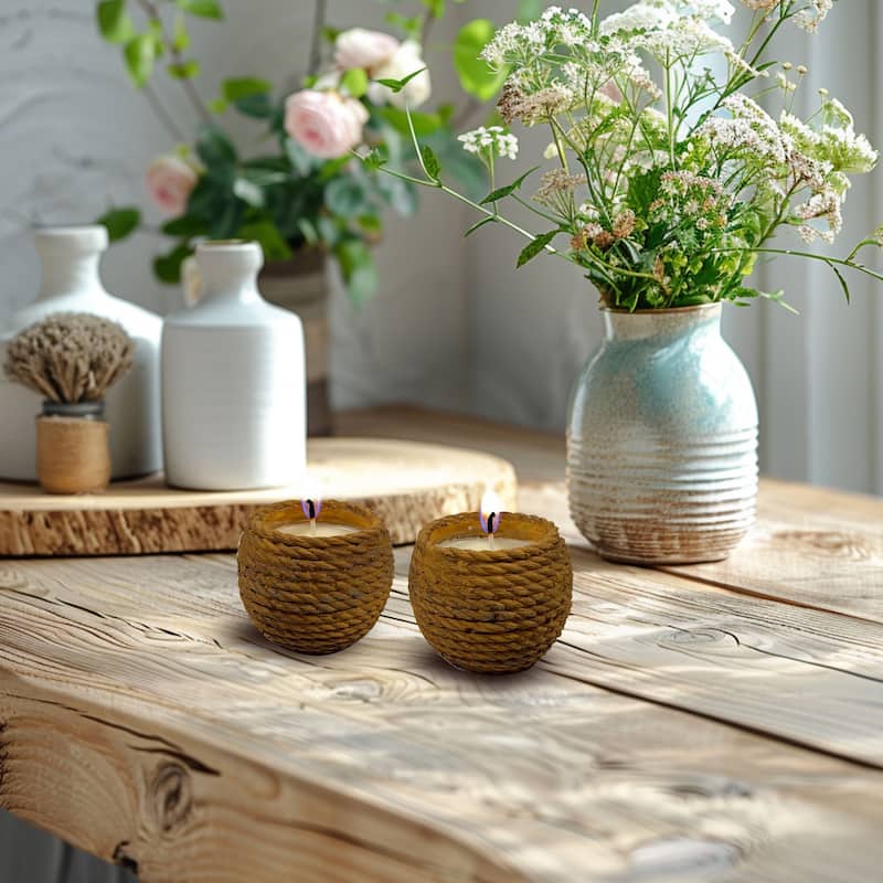 Large Basket Ceramic Candle Bowl Set of Two Light Brown 6 Oz Each