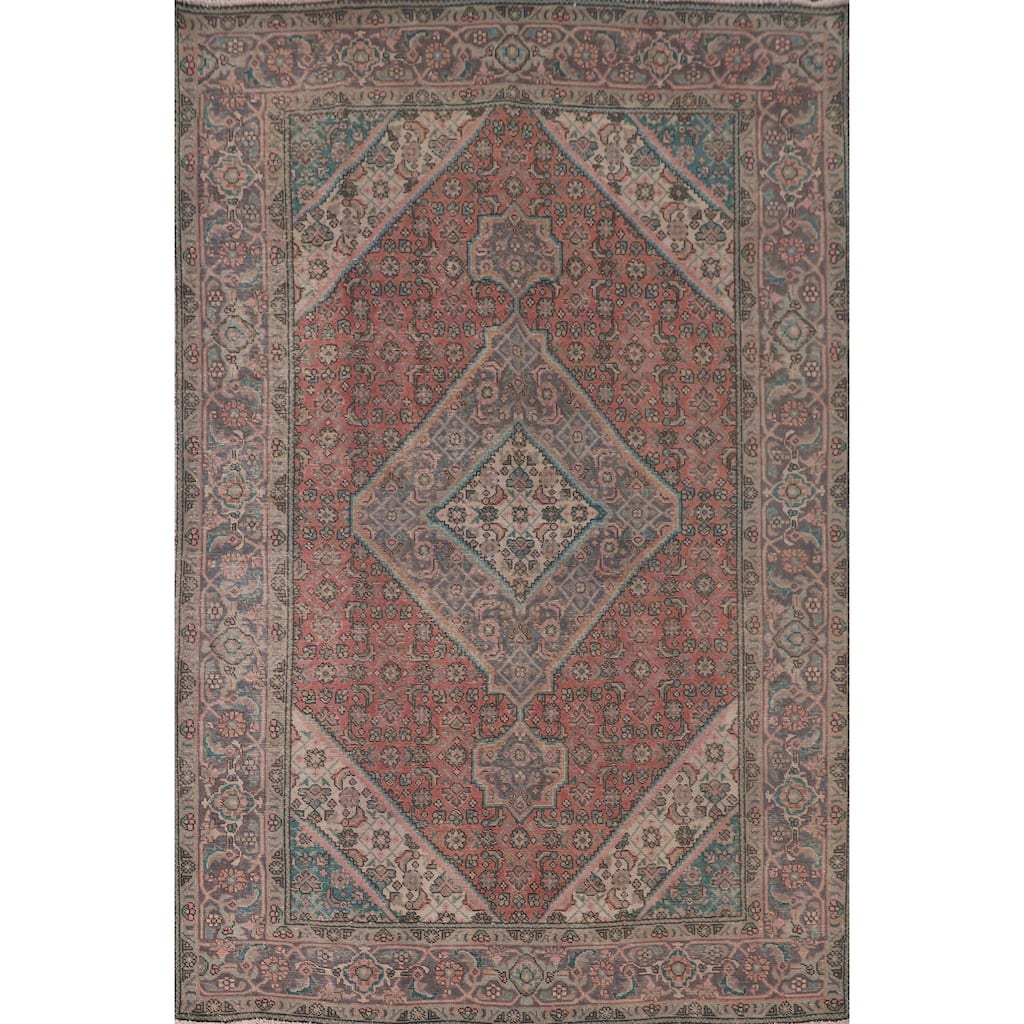 Distressed Tabriz Persian Antique Area Rug Handmade Wool Carpet - 6'9"x 9'7"