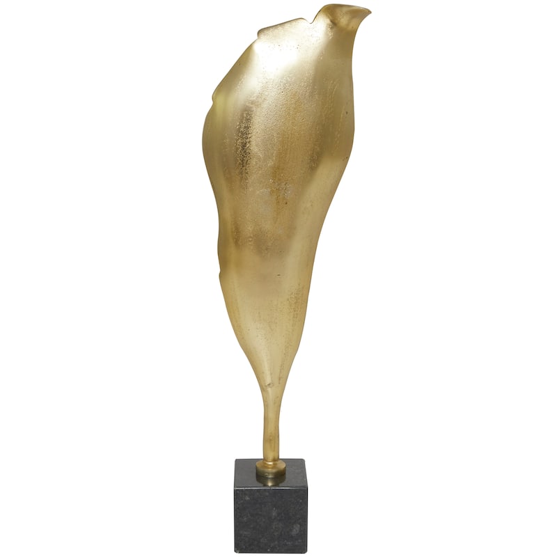 Gold Aluminum Metal Textured Leaf Abstract Sculpture with Black Marble Base