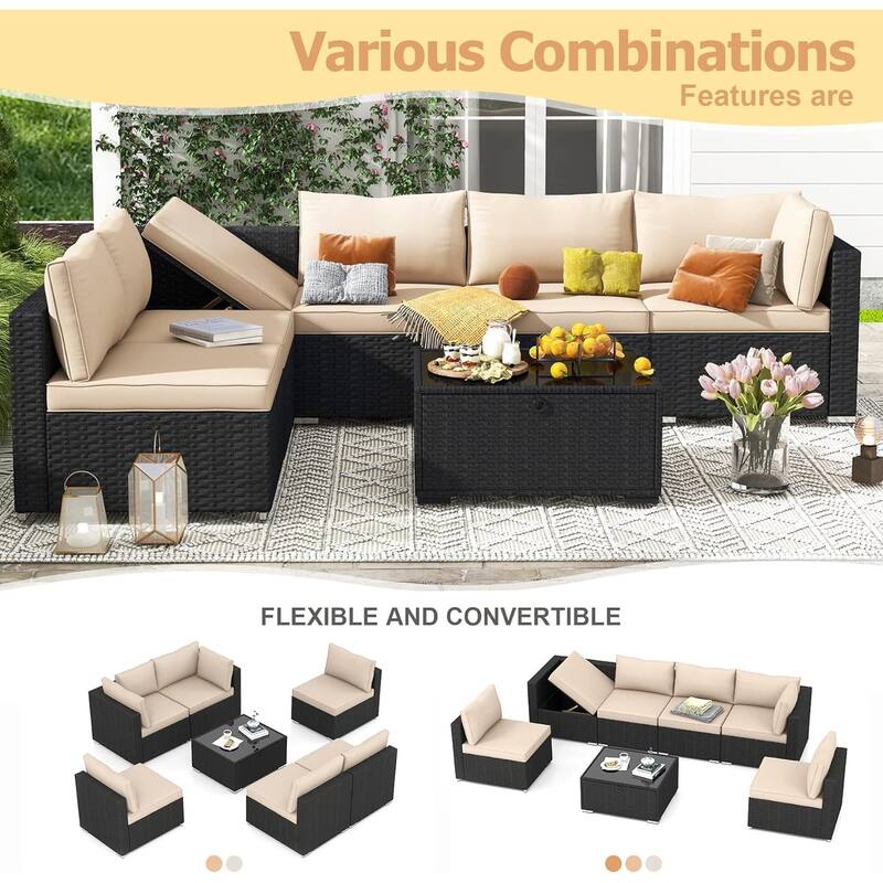 EROMMY 6/7 Piece Modular Outdoor Rattan Sofa Set, All-Weather Wicker Patio Furniture with Storage Table, Cushions & Pillows