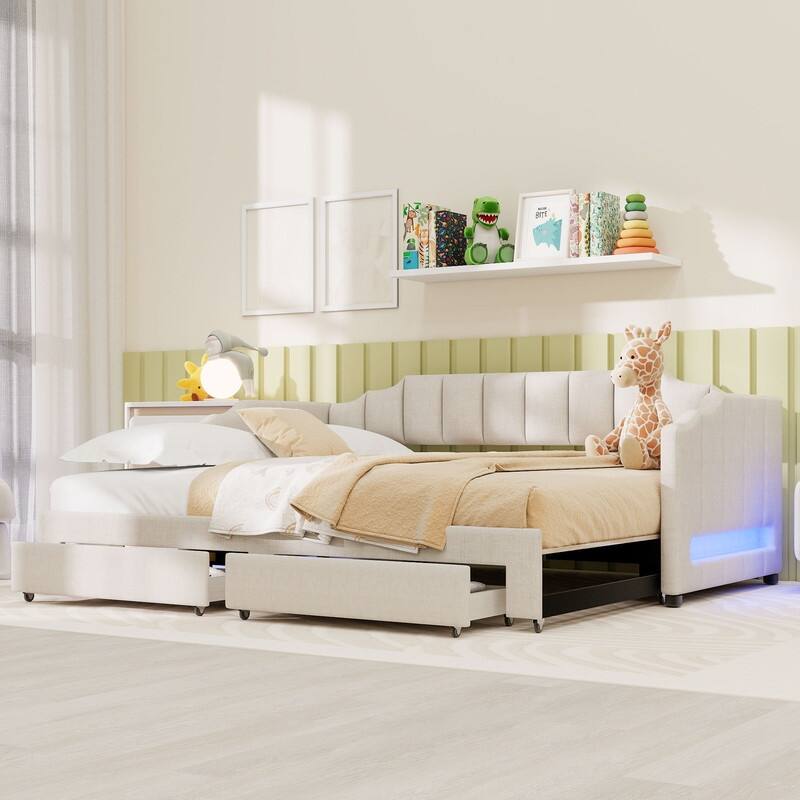 Twin XL to King Size Daybed, Extendable Upholstered Sofa Bed Frame with Two Storage Drawers and LED Light