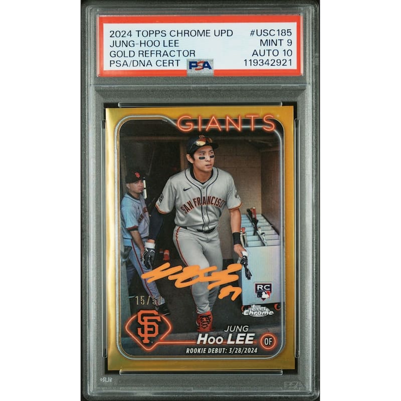 Jung-Hoo Lee 2024 Topps Chrome Gold Refractor Signed Baseball Rookie Card #USC185 Graded PSA 9 Auto 10 15/50 Cert # 119342921