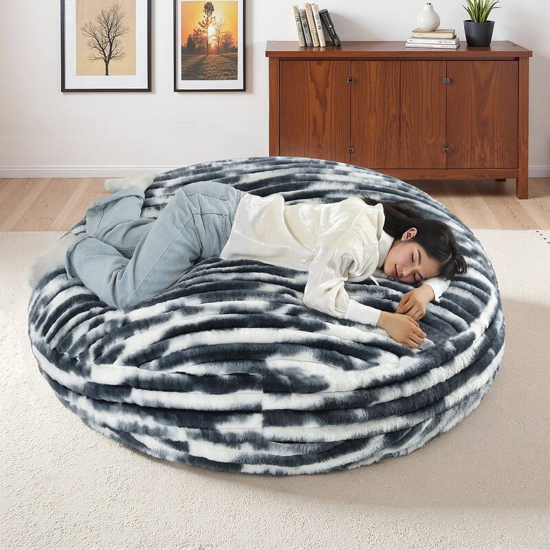 Round Bean Bag Chair and Lounger Pet-Friendly Design - WHITE/BROWN