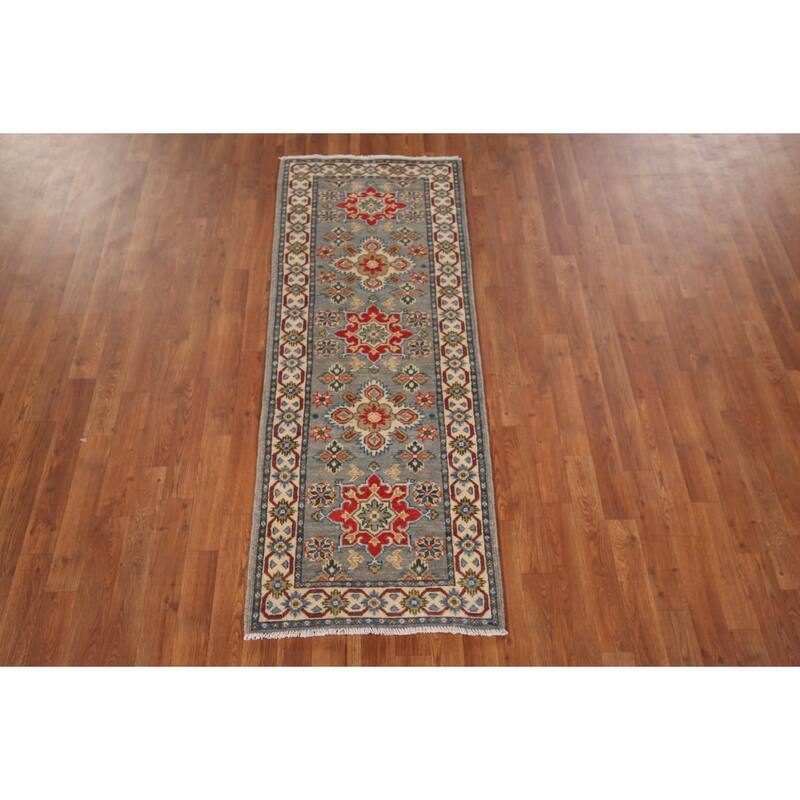 Kazak Oriental Runner Rug Hand-Knotted Grey Wool Carpet - 2'2" x 5'11"