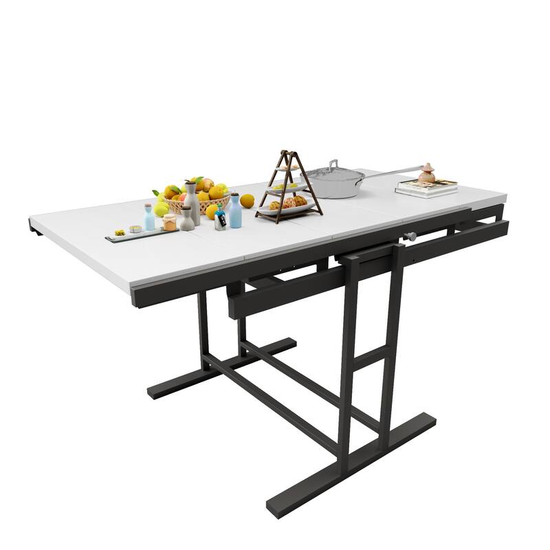 Solid Mahogany Wood Multifunction Convertible Dining Table, Free Switch Space Saving Table Shelf for Home and Studio - Brown