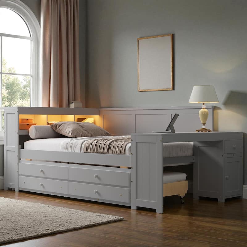 Full Size Daybed with Storage Shelves, Drawers, Trundle, Desk, Cabinet, LED Light and Charging Station, Pine Wood Frame