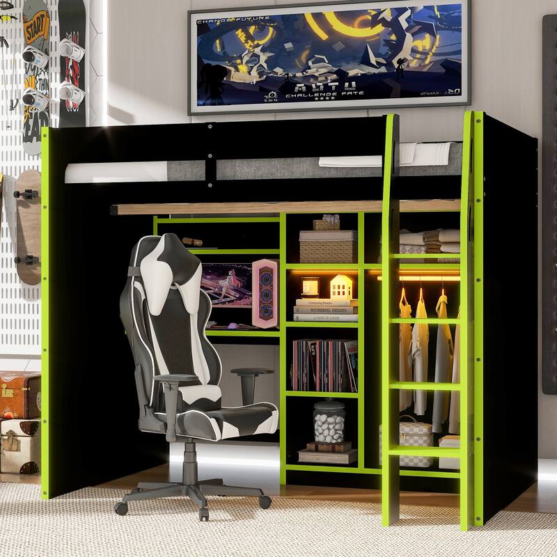 Gaming Loft Bed Full Size Gaming Bed with Desk & RGB Lights