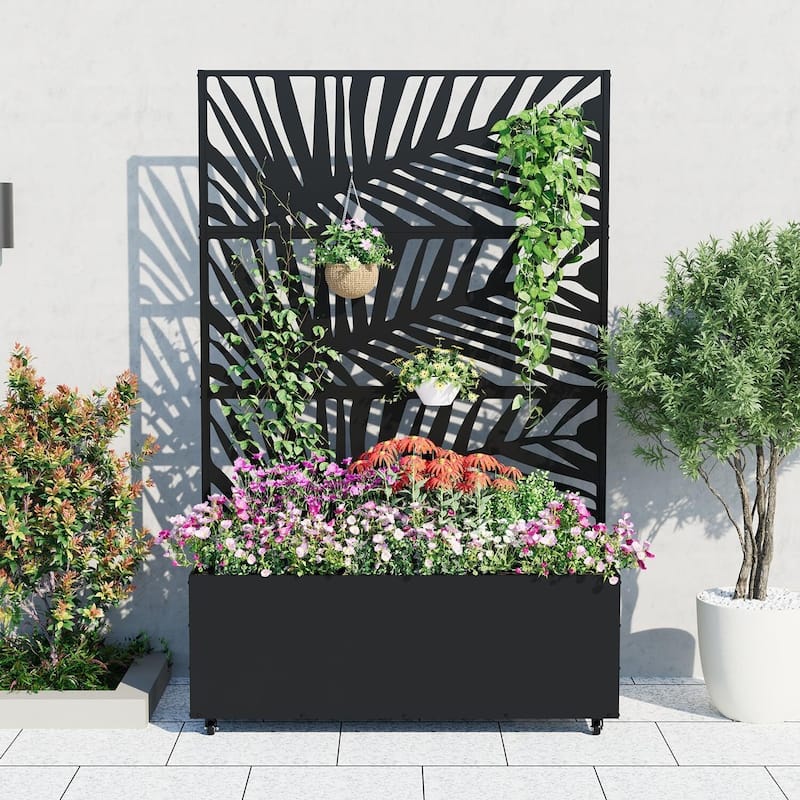Metal Privacy Screen Planter Box, Raised Garden Bed for Climbing Plants, Veggies, Palm Leaf Style With Wheels - Black